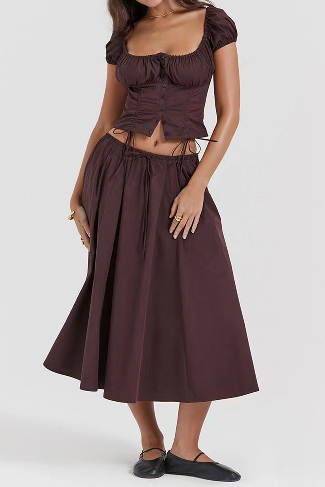 Ruched Top And Midi Skirt Set