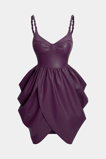 Faux Leather Ruched Twist Knot Sleeveless Mini Dress