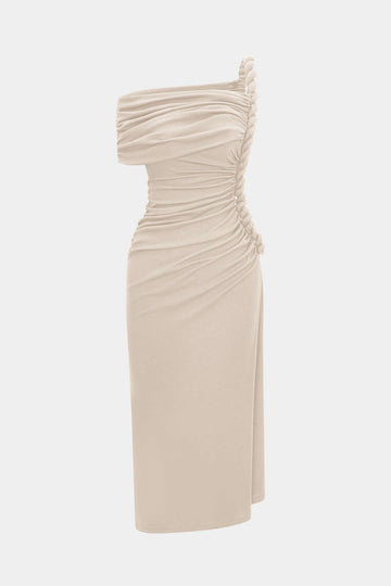Asymmetrical Shoulder Ruched Twist Knot Sleeveless Maxi Dress