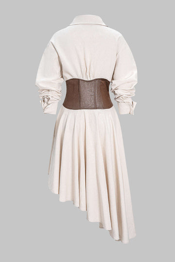 Faux Leather Patchwork Asymmetrical Hem Long Sleeve Maxi Dress