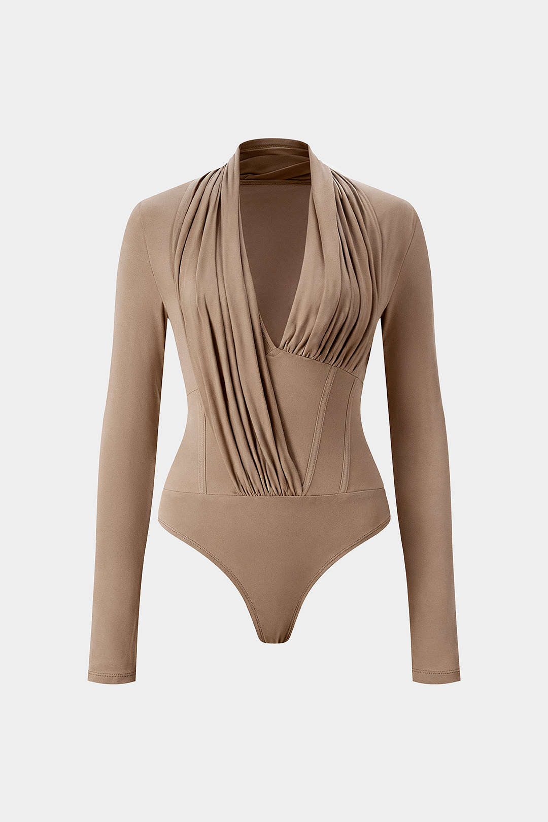 Asymmetrical Ruched Corset Zipper Long-Sleeve Bodysuit