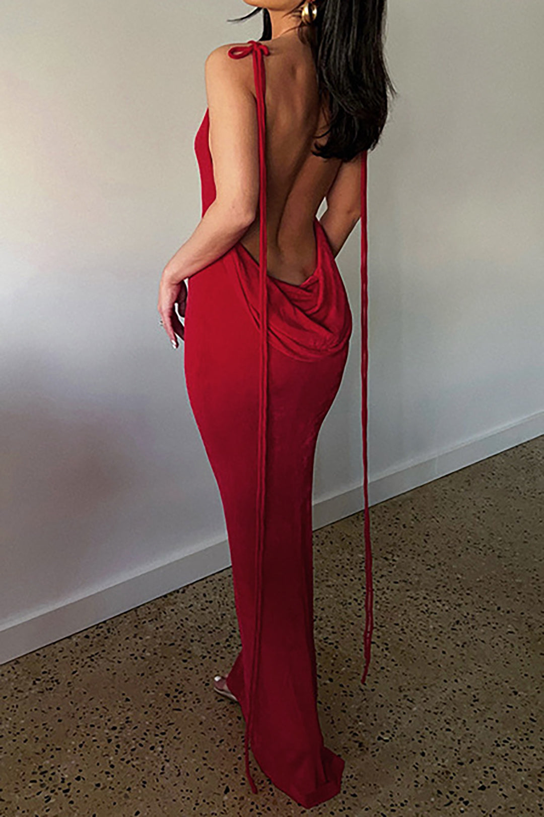 Cowl Neck Backless Tie Maxi Dress