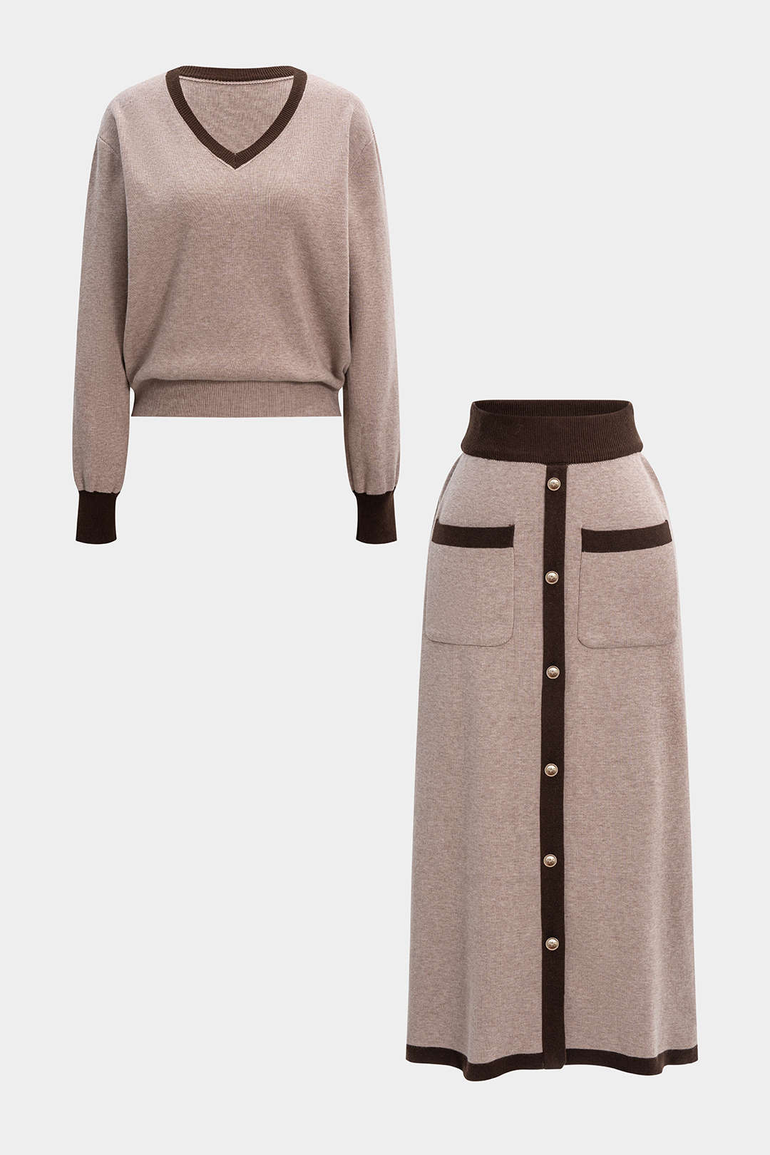 Knit Contrast V-Neck Long-Sleeve Top And Button Skirt Set