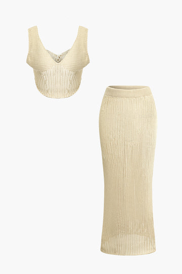 Sheer Knit V-neck Tank Top And Maxi Skirt Set