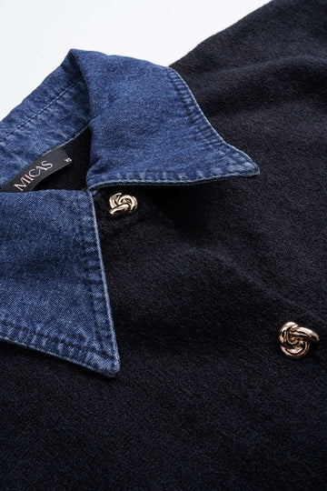 Knit Denim Patchwork Button Gigot Long-Sleeve Top