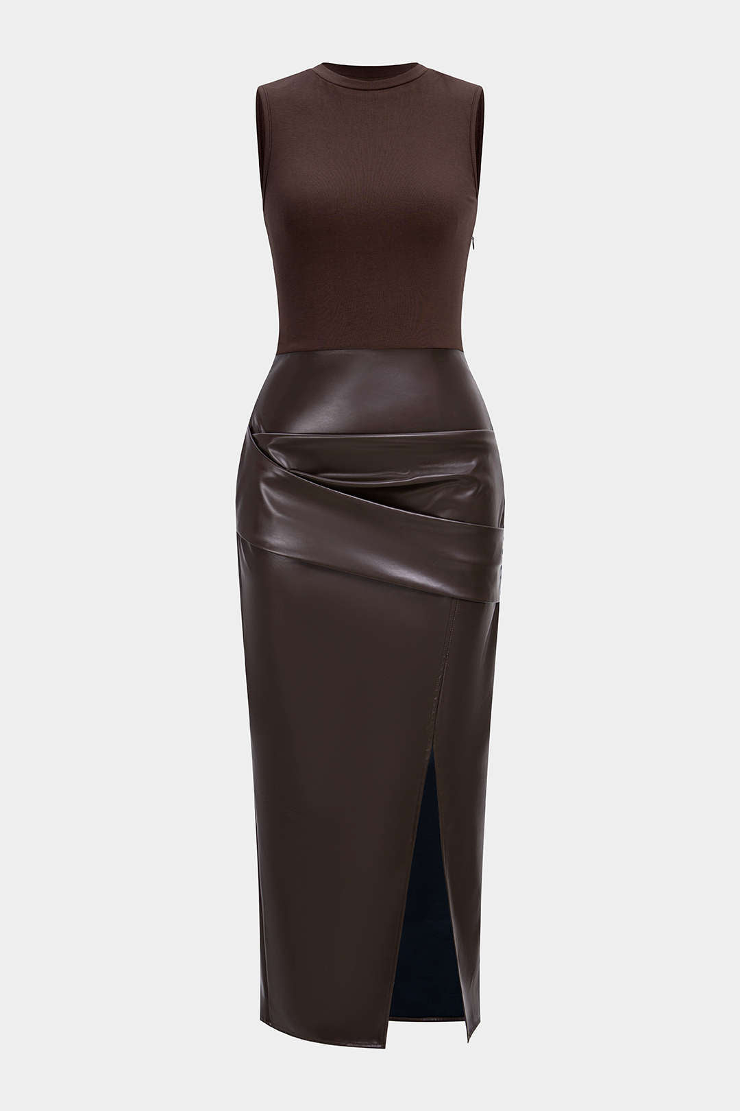 Faux Leather Patchwork Ruched Sleeveless Midi Dress – Micas