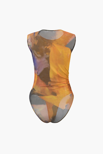 Abstract Print Mesh Ruched Bodysuit