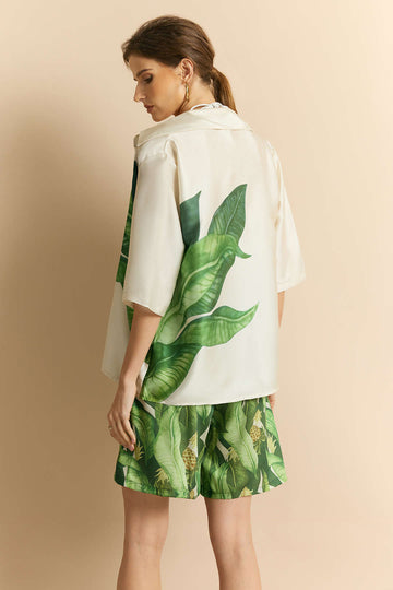 Leaves Print Satin Button Short-Sleeve Top