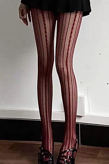 Retro Diamond Vertical Stripes Hollowed-Out Tights