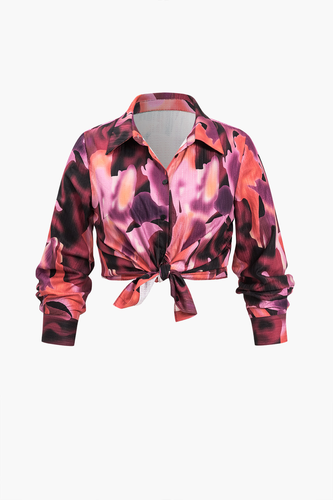 Plus Size Abstract Print Ruched Long-Sleeve Shirt