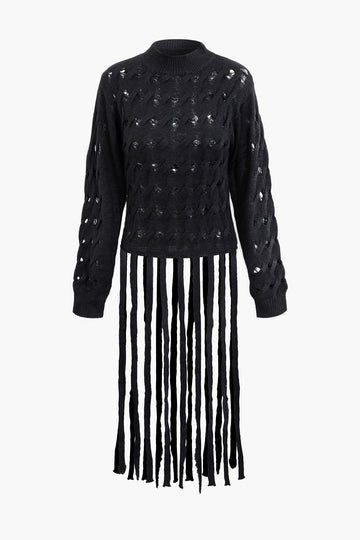 Mock Neck Cut Out Braided Texture Fringe Knit Top