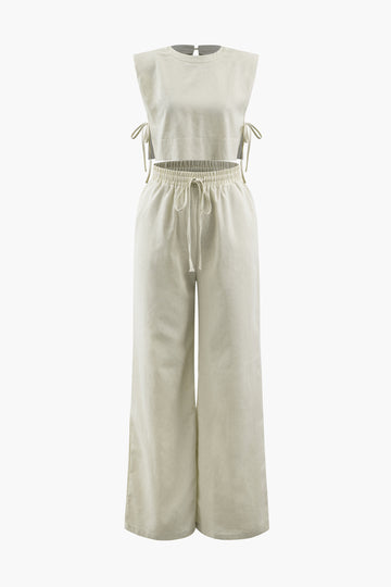 Linen Padded-Shoulder Tie Side Top And Drawstring Pants Set