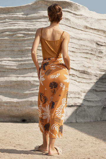 Solid Bodysuit And Leaves Print Knot Wrap Skirt Set