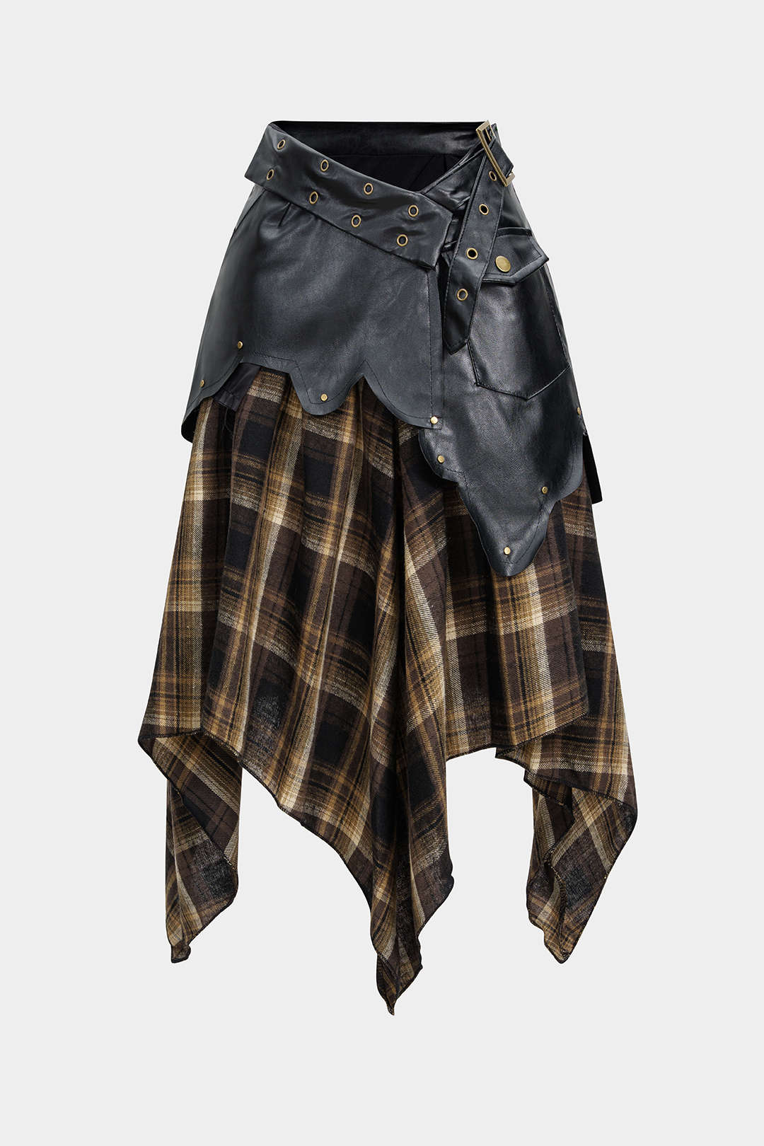 Color Block Plaid Print Faux Leather Patchwork Tie-Up Asymmetrical Pocket Skirt
