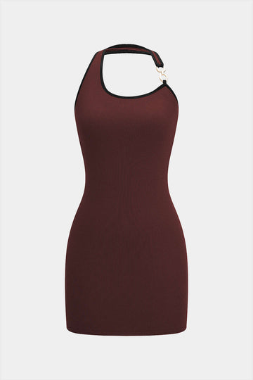 Halter Neck Contrast Binding Metallic Decor Sleeveless Mini Dress