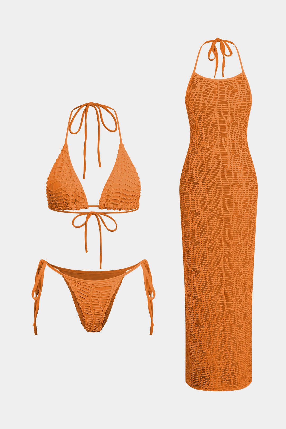 Textured Halter Neck Bikini And Open Knit Cover Up Set