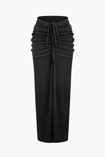 Solid Crop T-shirt And Ruched Drawstring Split Maxi Skirt Set