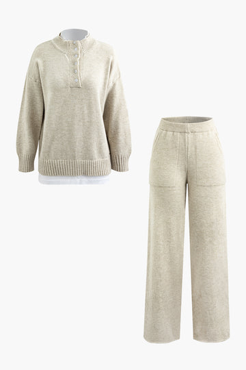 Patchwork Button Mock Neck Sweater And Knit Straight Leg Pant Set