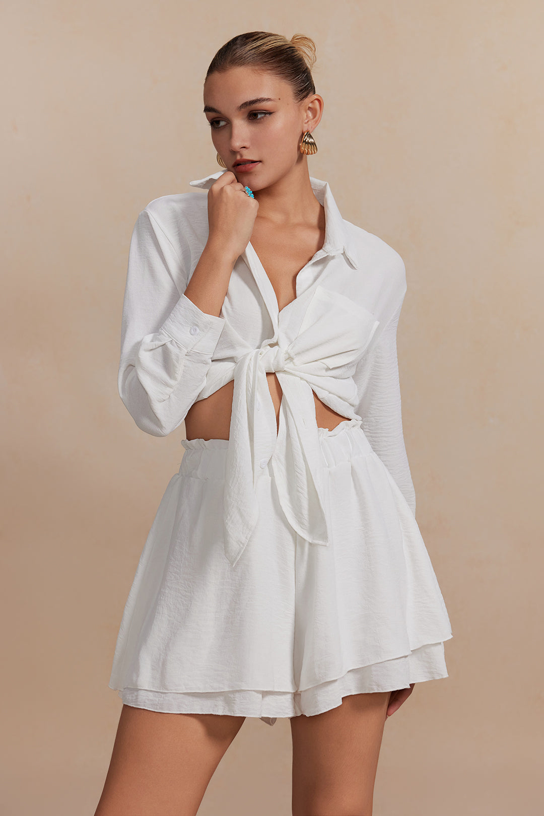 Solid Long-Sleeve Shirt And Ruffle Short Set