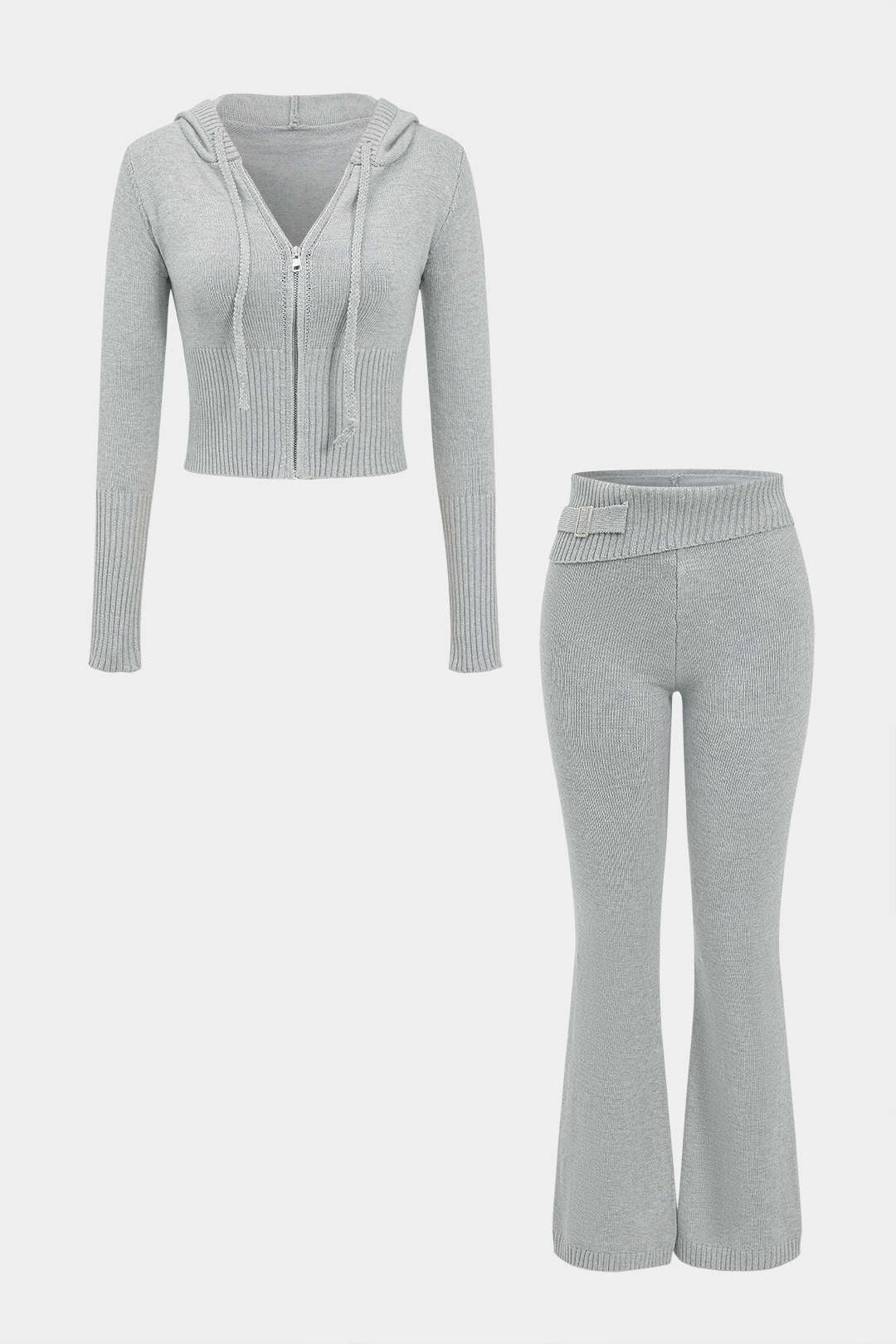 Solid Knit Hooded Top And Asymmetrical Pants Set