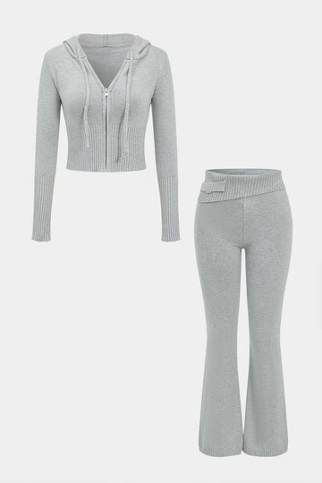 Solid Knit Hooded Top And Asymmetrical Pants Set