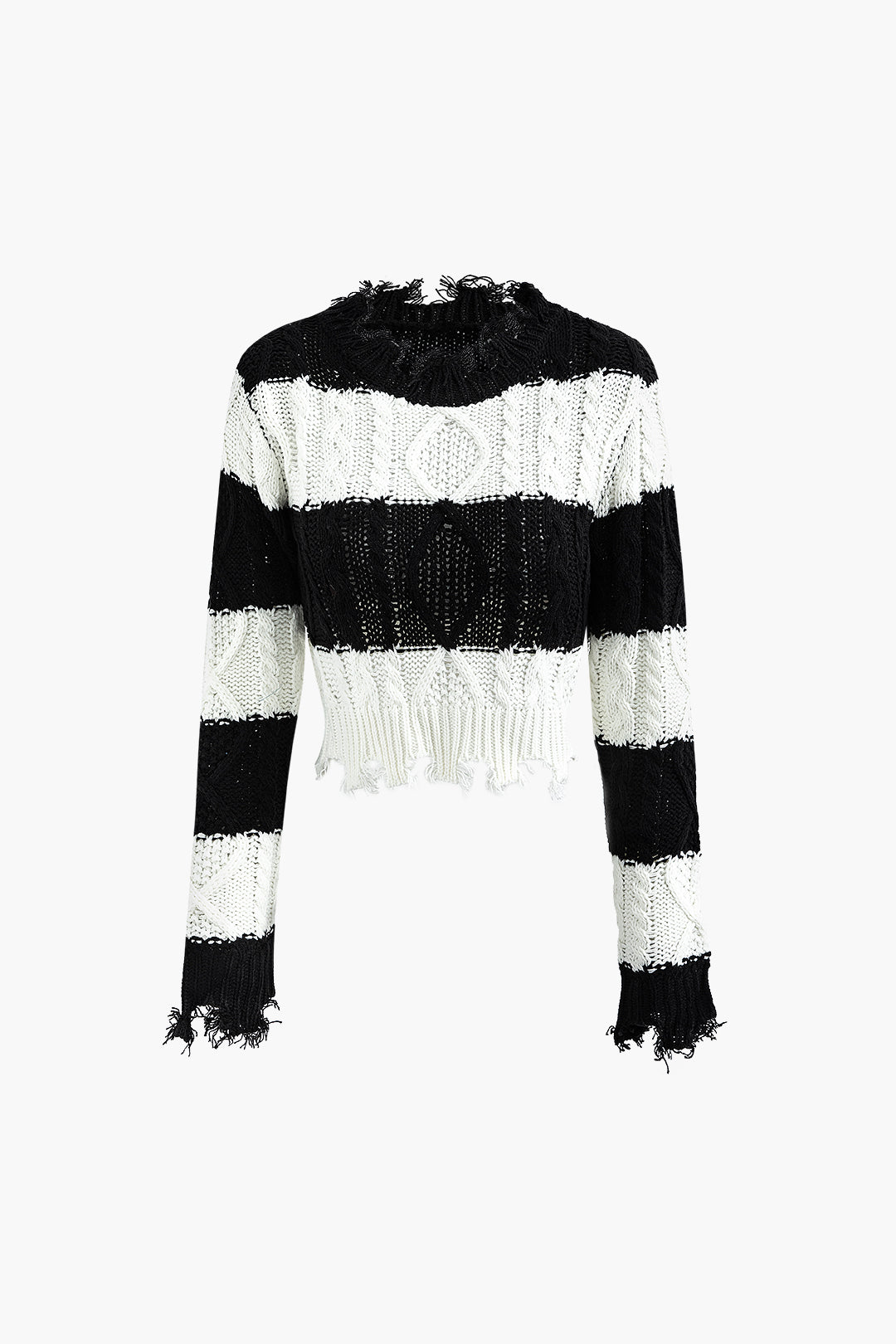 Stripe Frayed Trim Long Sleeve Cable Knit Sweater