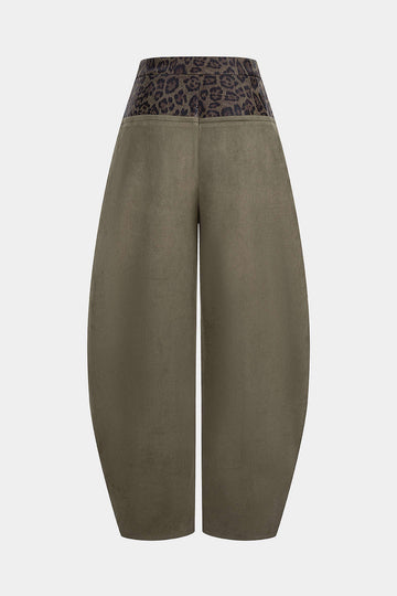 Leopard Snake Skin Print Faux Leather Suede Patchwork Wide Leg Pants