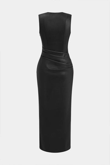 Faux Leather V-neck Ruched Maxi Dress