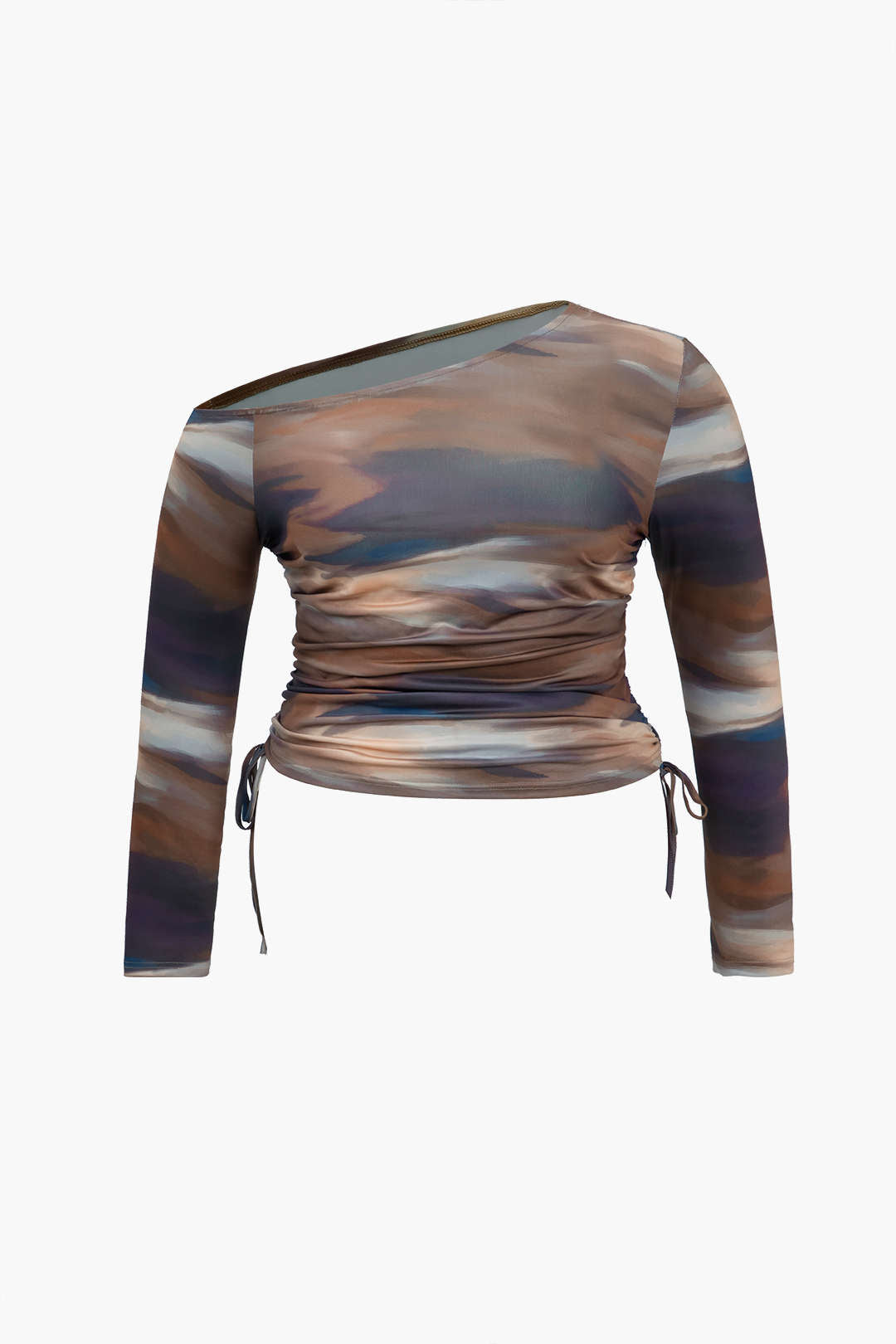 Plus Size Abstract Print Ruched Tie-Up Long-Sleeve Top