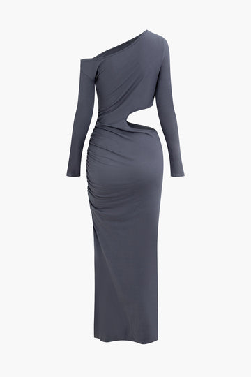 Asymmetrical Cut Out Ruched Long Sleeve Slit Midi Dress