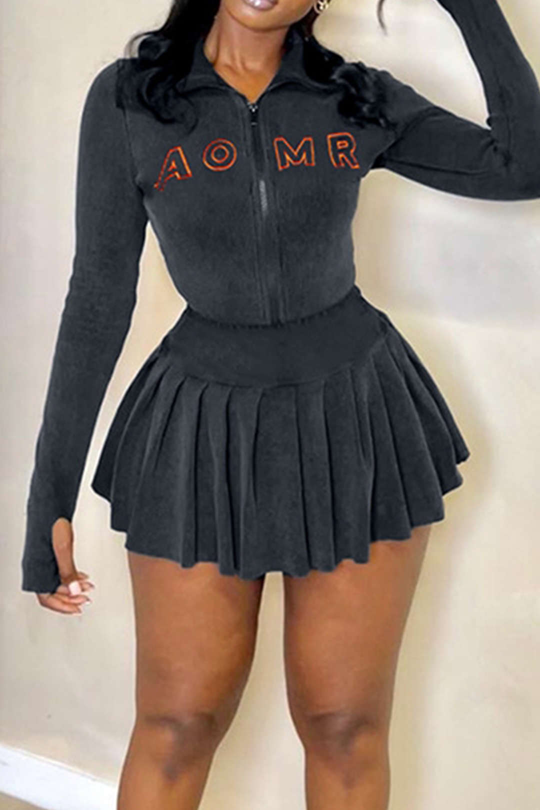 Letter Embroidered Rib Knit Stand Collar Zipper Crop Cardigan And Pleated Mini Skirt Set