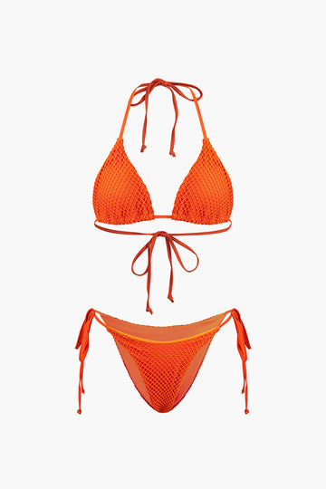 Halter Mesh Wrap Cover Up Three-Piece Bikini Set