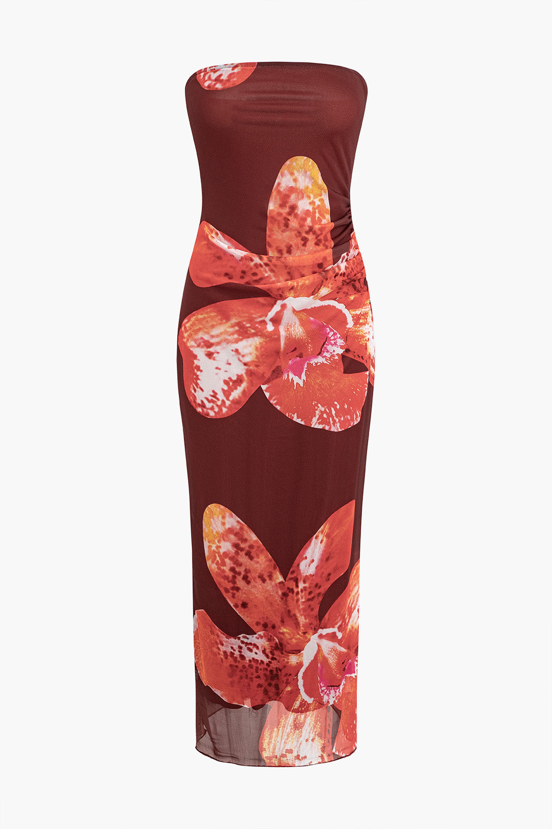 Floral Print Strapless Mesh Midi Dress