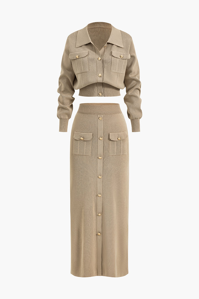 Cropped Button-Up Knit Top And Maxi Skirt Set - decent-life