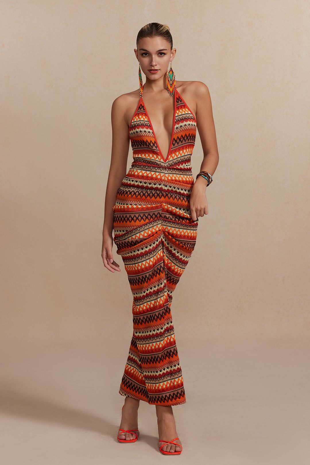 Zigzag Stripe Halter Backless Knit Maxi Dress