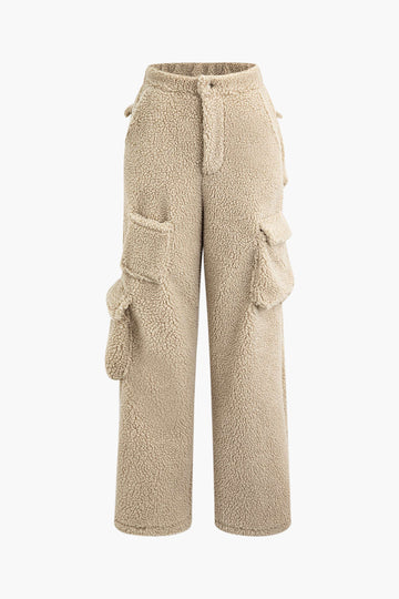 Fleece Collar Flap Pocket Zip Up Long Sleeve Top And Straight Leg Cargo Pants Set