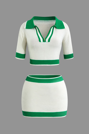 Contrast Collar Crop Knit Top And Mini Skirt Set
