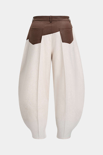 Plus Size Faux Leather Linen Patchwork Ruched Trousers