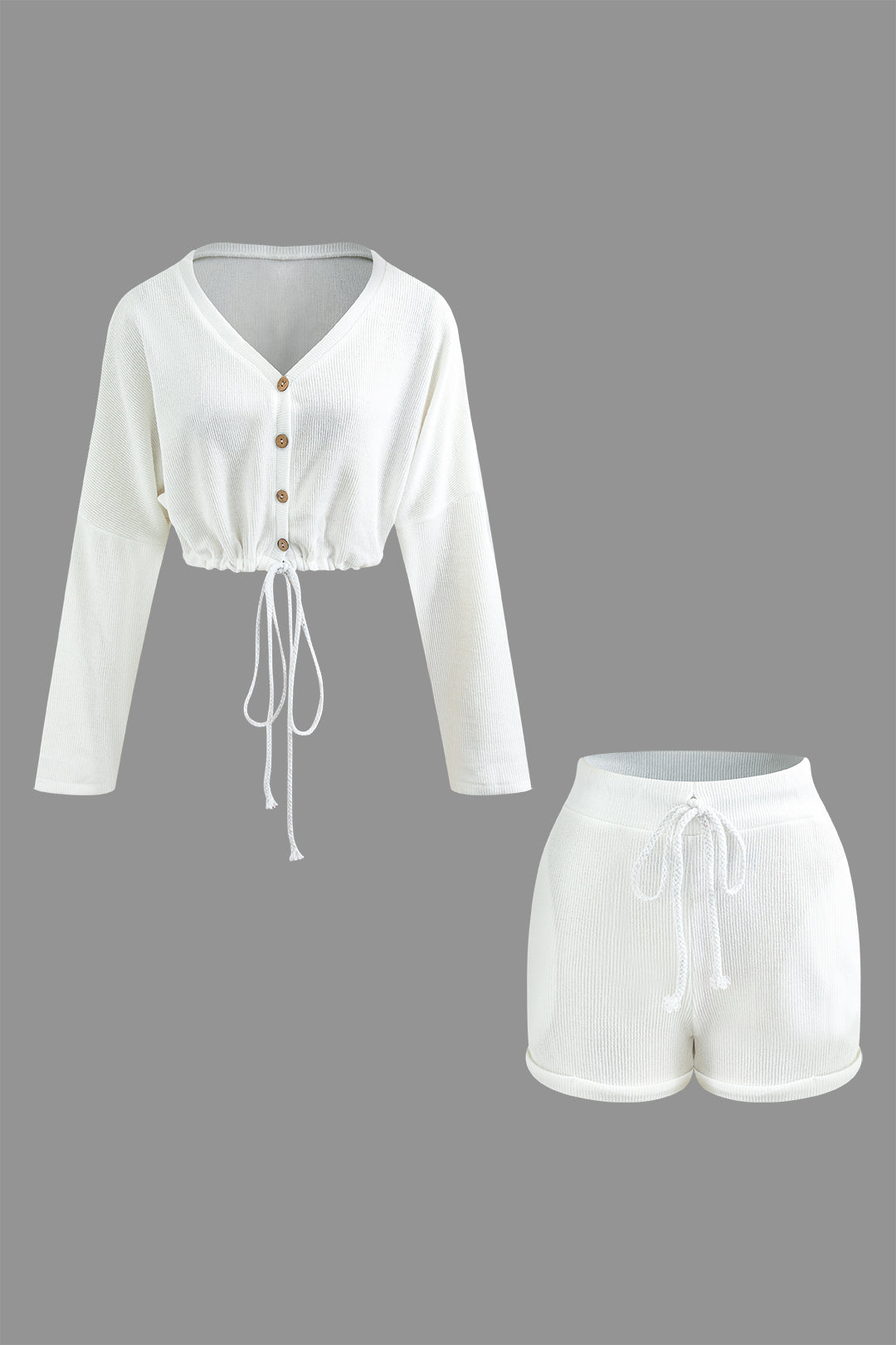 Drawstring Button Up V-neck Crop Top And Shorts Set