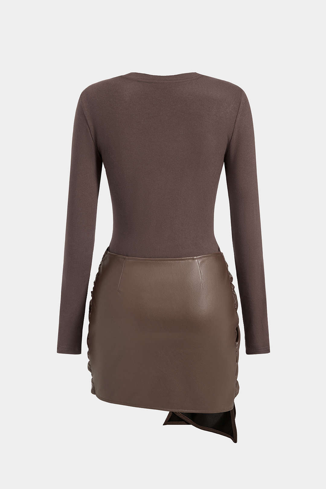 Faux Leather Patchwork Tie Front Round Neck Ruched Mini Dress Micas Faux Leather Patchwork Tie Front Round Neck Ruched Mini Dress Micas