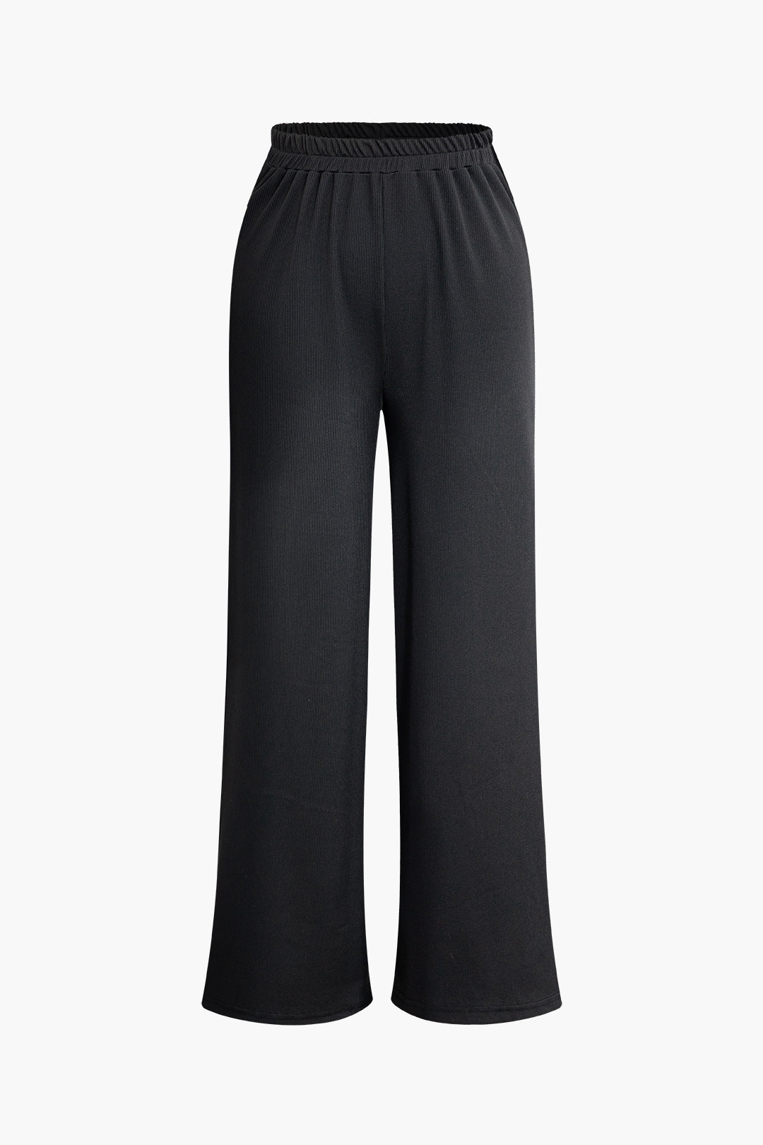 Solid Crop Top And Elastic Waist Straight Leg Pants Set