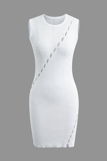 Solid Cut Out Round Neck Rib Knit Sleeveless Mini Dress