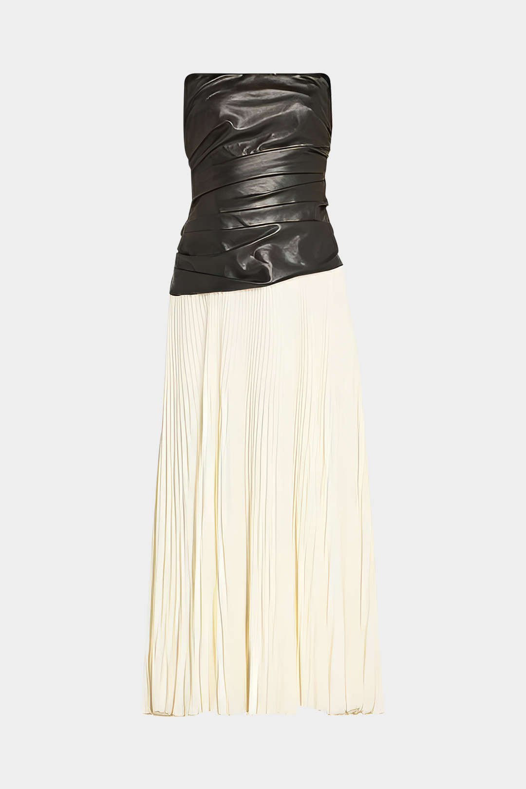 Faux Leather Chiffon Patchwork Pleated Strapless Midi Dress