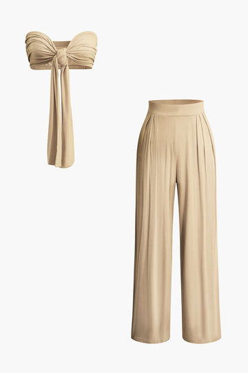 Tie Knot Front Ruched Tube Top And Pleated Wide Leg Pants