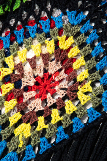 Rainbow Square Pattern Fringe Crochet Knit Cami Top