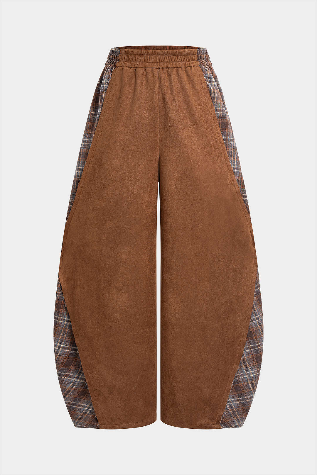 Plaid Print Suede Patchwork Shirred Waistband Pants