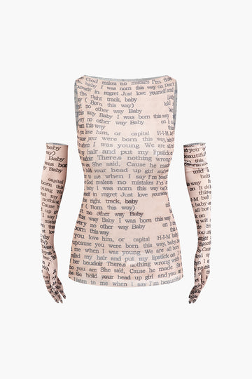 Letter Print Boat Neck Mesh Tank Top With Sleeves