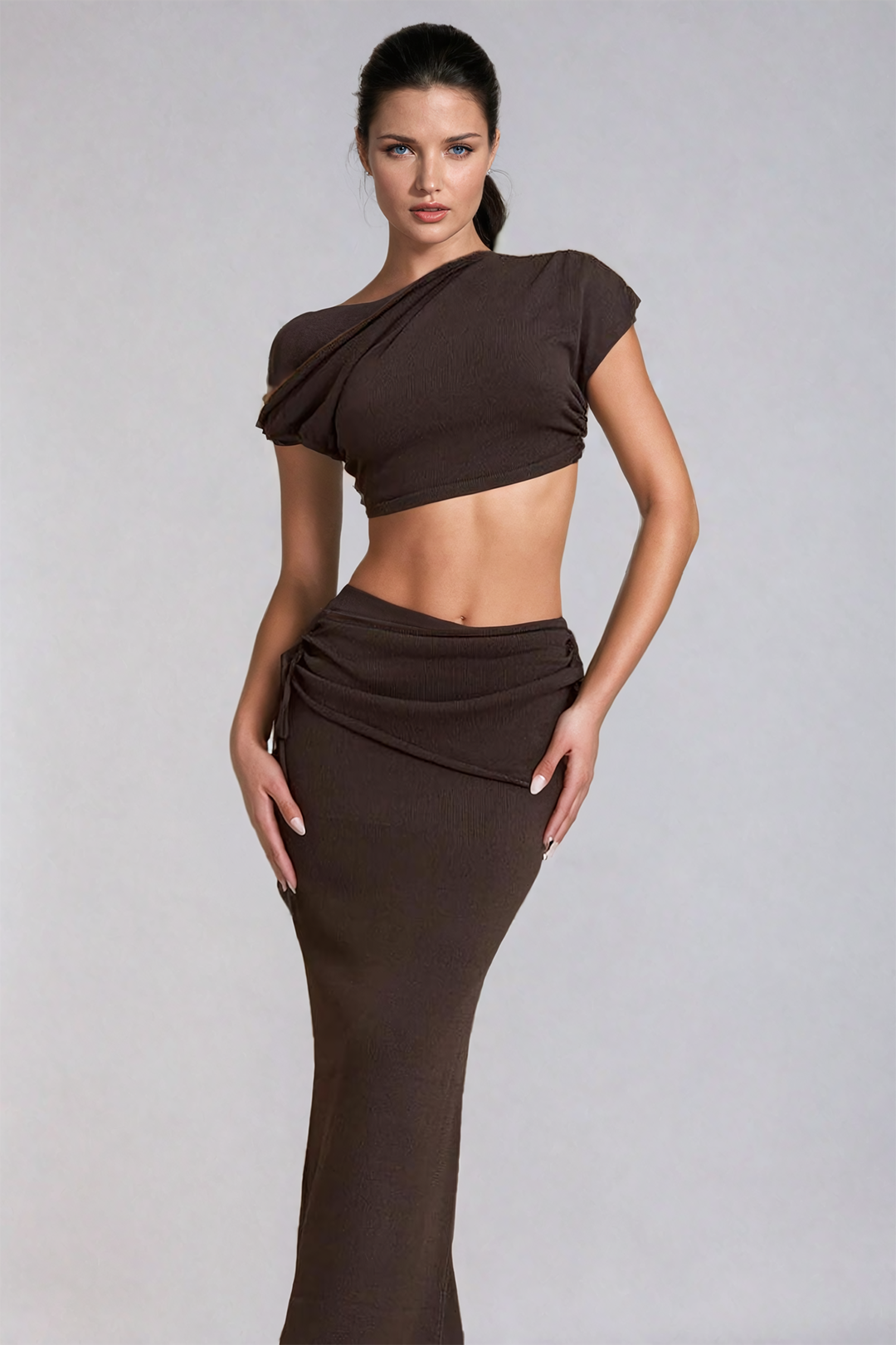 Asymmetrical Drawstring Short Sleeve Crop Top And Maxi Skirt Set