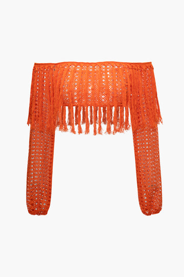Tassel Off Shoulder Knit Crop Top And Beach Maxi Skirt Set