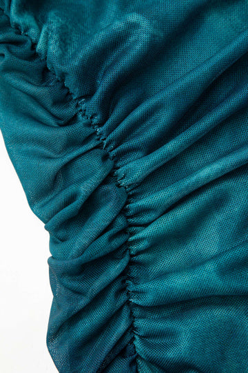 Abstract Print Mesh Mock Neck Long Sleeve Ruched Maxi Dress